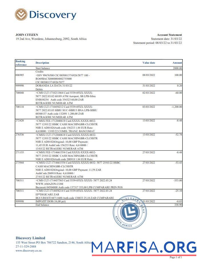 Printable South Africa Discovery bank statement excel download for verification